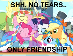 Size: 830x642 | Tagged: safe, derpibooru import, applejack, fluttershy, pinkie pie, rainbow dash, rarity, twilight sparkle, twilight sparkle (alicorn), alicorn, earth pony, pegasus, pony, unicorn, group hug, heartwarming, hug, jimmies, text