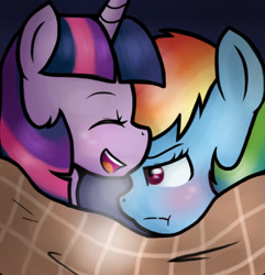 Size: 685x710 | Tagged: safe, artist:sarath-15, rainbow dash, twilight sparkle, pegasus, pony, blanket, blushing, female, lesbian, shipping, tsunderainbow, tsundere, twidash