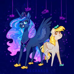 Size: 1280x1280 | Tagged: safe, artist:segraece, derpy hooves, princess luna, alicorn, pegasus, pony, clothes, crocs, horn, jewelry, regalia, shoes, smiling, sparkles, spread wings, wings