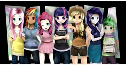 Size: 900x463 | Tagged: safe, artist:artisticsarcasm, artist:noirinmarudon, derpibooru import, applejack, fluttershy, pinkie pie, rainbow dash, rarity, spike, twilight sparkle, clothes, humanized, mane seven, mane six, skirt