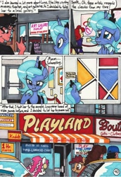 Size: 2060x2988 | Tagged: safe, artist:newyorkx3, princess luna, oc, oc:tommy, alicorn, human, pony, comic:young days, abstract art, comic, modern art, s1 luna, speech bubble, teary eyes