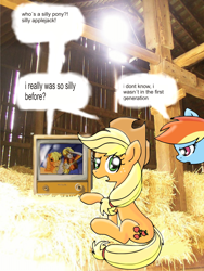 Size: 2538x3384 | Tagged: safe, artist:dashiepie, derpibooru import, applejack, applejack (g1), megan williams, rainbow dash, earth pony, pegasus, pony, g1, silly, silly pony, who's a silly pony