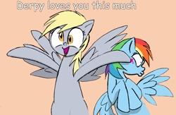 Size: 1500x978 | Tagged: safe, artist:themightycoolblender, derpy hooves, rainbow dash, pegasus, pony, bronybait, caption, comic sans, female, happy, love, mare