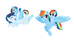 Size: 1024x703 | Tagged: dead source, safe, artist:wafflezponyartist, rainbow dash, soarin', oc, pegasus, pony, female, holding a pony, male, offspring, parent:rainbow dash, parent:soarin', parents:soarindash, ponies riding ponies, shipping, simple background, soarindash, straight, transparent background