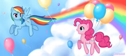 Size: 997x443 | Tagged: safe, artist:apzzang, derpibooru import, pinkie pie, rainbow dash, earth pony, pegasus, pony, balloon, cloud, cloudy, rainbow, then watch her balloons lift her up to the sky