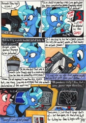 Size: 2088x2978 | Tagged: safe, artist:newyorkx3, princess luna, oc, oc:tommy, alicorn, human, pony, comic:young days, angry, angry luna, arcade, arcade game, breaking, comic, gamer luna, huzzah, nintendo entertainment system, pac-man, pinball, s1 luna, sinistar, speech bubble