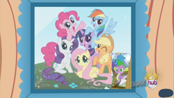 Size: 640x360 | Tagged: safe, derpibooru import, applejack, fluttershy, pinkie pie, rainbow dash, rarity, spike, twilight sparkle, dragon, earth pony, pegasus, pony, unicorn, mane six