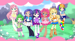 Size: 2699x1500 | Tagged: safe, artist:manouazumi, derpibooru import, applejack, fluttershy, pinkie pie, rainbow dash, rarity, spike, twilight sparkle, horned humanization, humanized, mane seven, mane six, winged humanization