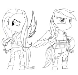 Size: 1500x1440 | Tagged: safe, artist:pak-faace1234, fluttershy, rainbow dash, pegasus, pony, bipedal, g-suit, monochrome