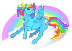 Size: 1024x726 | Tagged: safe, artist:deericious, rainbow dash, pegasus, pony, blue coat, female, mare, multicolored mane, simple background, solo, white background, wings