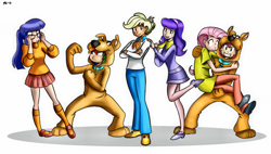 Size: 1280x725 | Tagged: safe, artist:megasweet, artist:trelwin, derpibooru import, applejack, fluttershy, pinkie pie, rainbow dash, rarity, twilight sparkle, canter girls, cosplay, costume, humanized, mane six, parody, scooby doo, scrappy doo