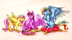 Size: 1250x700 | Tagged: safe, artist:katanisk, fluttershy, rainbow dash, twilight sparkle, twilight sparkle (alicorn), alicorn, pegasus, pony, book, cushion, female, mare