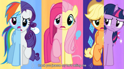 Size: 763x425 | Tagged: safe, derpibooru import, screencap, applejack, fluttershy, pinkie pie, rainbow dash, rarity, twilight sparkle, earth pony, pegasus, pony, unicorn, magical mystery cure, swapped cutie marks, youtube caption