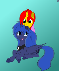 Size: 5120x6144 | Tagged: safe, artist:terminalhash, princess luna, oc, oc:rouzfirecarrot, alicorn, pony, unicorn, biting, ear bite, tongue out