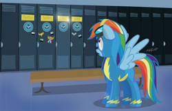 Size: 3021x1958 | Tagged: safe, artist:shutterflyeqd, derpibooru import, rainbow dash, pegasus, pony, newbie dash, clothes, cloudsdale, lockers, scene interpretation, signature, solo, that was fast, wonderbolts uniform