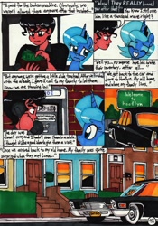 Size: 2078x2971 | Tagged: safe, artist:newyorkx3, princess luna, oc, oc:tommy, human, comic:young days, calling, car, comic, grin, house, money, paid, s1 luna, smiling, speech bubble, sunset