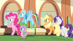 Size: 640x360 | Tagged: safe, derpibooru import, edit, edited screencap, screencap, applejack, pinkie pie, rainbow dash, rarity, spike, dragon, earth pony, pegasus, pony, unicorn, friendship is witchcraft, a canterlot wedding, abuse, animated, butt, female, foaly matripony, male, mare, ouch, plot, spikeabuse, the great and powerful superedit, train, wide eyes
