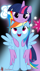 Size: 2160x3840 | Tagged: safe, artist:waveywaves, derpibooru import, rainbow dash, twilight sparkle, twilight sparkle (alicorn), alicorn, pegasus, pony, :t, cute, dashabetes, female, hug, hug from behind, lesbian, mare, open mouth, shipping, smiling, spread wings, twiabetes, twidash, winghug