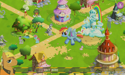 Size: 800x480 | Tagged: safe, derpibooru import, screencap, cup cake, diamond tiara, lucky clover, rainbow dash, pegasus, pony, balloon rainbow dash, carousel boutique, fluttershy's cottage, food, game screencap, gameloft, ponyville town hall, rainbow dash's house, town hall