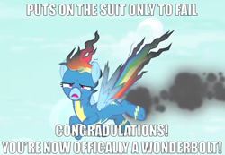 Size: 698x483 | Tagged: safe, derpibooru import, edit, edited screencap, screencap, rainbow dash, pegasus, pony, newbie dash, image macro, meme, misspelling, singed, wonderbolts, wonderbolts uniform