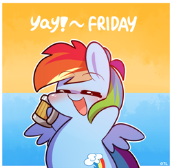 Size: 900x880 | Tagged: safe, artist:php56, rainbow dash, pegasus, pony, backwards cutie mark, chibi, cider, cider dash, dashaholic, drunk, drunker dash, eyes closed, female, friday, open mouth, solo, text, yay