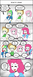 Size: 650x1485 | Tagged: safe, artist:acesrockz, derpibooru import, applejack, fluttershy, pinkie pie, rainbow dash, equestria girls, carrying, clothes, comic, cowboy hat, dialogue, eyes closed, hat, open mouth, paper, speech bubble, stack, stetson, talking, tanktop