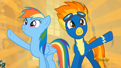 Size: 2519x1409 | Tagged: safe, derpibooru import, screencap, rainbow dash, spitfire, pegasus, pony, newbie dash, discovery family logo, wonderbolts uniform