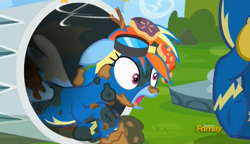 Size: 2287x1313 | Tagged: safe, derpibooru import, screencap, rainbow dash, pegasus, pony, newbie dash, circling stars, discovery family logo, goggles, rainbow trash, trash, trash can, wonderbolts uniform