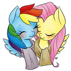 Size: 1024x1024 | Tagged: safe, artist:grandifloru, fluttershy, rainbow dash, pegasus, pony, clothes, female, flutterdash, lesbian, scarf, shipping