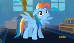 Size: 2447x1431 | Tagged: safe, derpibooru import, screencap, rainbow dash, pegasus, pony, newbie dash, behaving like pinkie pie, discovery family logo, dynamic dash, impressions