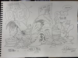 Size: 2048x1536 | Tagged: safe, artist:andypriceart, idw, pinkie pie, princess luna, alicorn, earth pony, pony, spoiler:comic, belly, bloated, cake, female, food, mare, pencil drawing, pepto bismol, stuffed, traditional art, tums