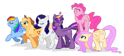 Size: 2000x900 | Tagged: safe, artist:azruka397, derpibooru import, applejack, fluttershy, pinkie pie, rainbow dash, rarity, twilight sparkle, twilight sparkle (alicorn), alicorn, earth pony, pegasus, pony, unicorn, female, mane six, mare