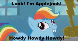 Size: 1384x732 | Tagged: safe, derpibooru import, edit, edited screencap, screencap, rainbow dash, pegasus, pony, newbie dash, alternate hairstyle, bucktooth, derp, discovery family logo, exploitable meme, forthright filly, i didn't listen, image macro, meme, toy story