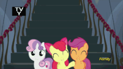 Size: 500x281 | Tagged: safe, derpibooru import, screencap, apple bloom, rainbow dash, scootaloo, sweetie belle, pegasus, pony, newbie dash, animated, banner, cutie mark, cutie mark crusaders, discovery family logo, goggles, nyan dash, stairs, the cmc's cutie marks, wonderbolts, wonderbolts uniform