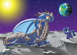 Size: 2500x1786 | Tagged: safe, artist:le-23, princess luna, oc, oc:tico, alicorn, dragon, pony, american flag, asdfmovie, desmond the moon bear, earth, female, filly, lunar rover, moon, woona, younger