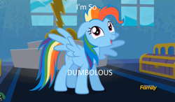 Size: 1280x749 | Tagged: safe, derpibooru import, edit, edited screencap, screencap, rainbow dash, pegasus, pony, newbie dash, behaving like pinkie pie, discovery family logo, dynamic dash, meme