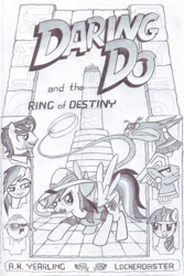 Size: 685x1024 | Tagged: safe, artist:lockerobster, ahuizotl, daring do, doctor caballeron, rainbow dash, twilight sparkle, twilight sparkle (alicorn), alicorn, pegasus, pony, female, mare, mitsy, monochrome, traditional art