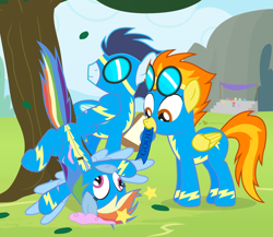 Size: 1050x910 | Tagged: safe, artist:dm29, derpibooru import, rainbow dash, soarin', spitfire, pegasus, pony, newbie dash, accident, derp, dizzy, goggles, rainbow crash, that was fast, trio, wonderbolts, wonderbolts uniform