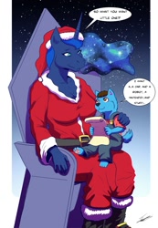 Size: 886x1280 | Tagged: safe, artist:beowulf100, princess luna, oc, oc:wolzard, alicorn, anthro, wolf, chair, child, christmas, clothes, commission, costume, digital art, holiday, horn, paper, puppy, santa costume, speech bubble, text