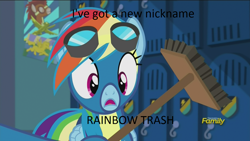 Size: 1280x720 | Tagged: safe, derpibooru import, edit, edited screencap, screencap, rainbow dash, pegasus, pony, newbie dash, broom, discovery family logo, funny, locker room, rainbow trash, wonderbolts uniform