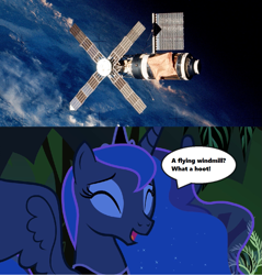 Size: 1021x1070 | Tagged: safe, edit, edited screencap, screencap, princess luna, alicorn, pony, luna eclipsed, season 2, cropped, earth, ethereal mane, everfree forest, eyes closed, implied human, jewelry, laughing, nightmare night, photo, regalia, skylab, space, space station, speech bubble, text, tree, wings