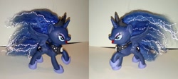 Size: 1024x458 | Tagged: safe, artist:chili19, princess luna, alicorn, pony, custom, duo, eyelashes, female, hoof shoes, irl, jewelry, mare, open mouth, peytral, photo, raised hoof, tiara, toy