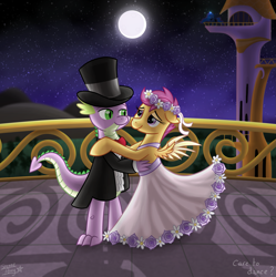 Size: 1993x2000 | Tagged: safe, artist:serenepony, princess luna, scootaloo, spike, alicorn, dragon, pegasus, pony, a canterlot wedding, balcony, clothes, dancing, digital art, dress, female, flower, flower filly, flower girl, flower girl dress, flower in hair, hat, looking at each other, lunas tower, magic, male, marriage, moon, moonlight, night, scootaspike, shipping, smiling, stars, straight, suit, top hat, tuxedo, wedding
