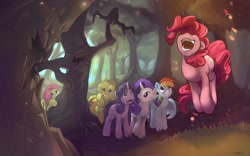 Size: 1920x1200 | Tagged: safe, artist:noben, derpibooru import, applejack, fluttershy, pinkie pie, rainbow dash, rarity, twilight sparkle, earth pony, pegasus, pony, unicorn, friendship is magic, everfree forest, female, grass, hat, laughter song, mane six, mare, open mouth, scene interpretation, singing, tree