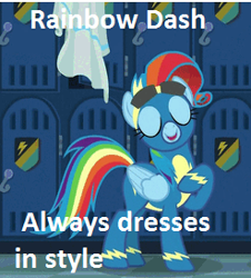 Size: 247x273 | Tagged: safe, derpibooru import, edit, edited screencap, screencap, rainbow dash, pegasus, pony, newbie dash, funny, image macro, locker room, meme, rainbow dash always dresses in style, rainbow fash, wonderbolts uniform