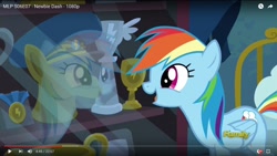 Size: 1600x900 | Tagged: safe, derpibooru import, screencap, rainbow dash, pegasus, pony, newbie dash, discovery family logo, display case, hat, medal, reflection, trophies, youtube