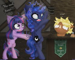 Size: 3793x3066 | Tagged: safe, artist:darkest-lunar-flower, princess luna, quarter hearts, twilight sparkle, twilight sparkle (alicorn), alicorn, earth pony, pony, burger, do not want, food, hay burger, hungry, introversion, link, socially awkward, stomach noise, tavern, the legend of zelda