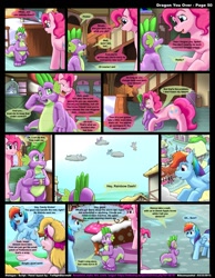 Size: 1165x1500 | Tagged: safe, artist:kitsuneyoukai, derpibooru import, pinkie pie, rainbow dash, spike, dragon, earth pony, pegasus, pony, comic:dragon you over, comic