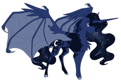 Size: 2476x1678 | Tagged: safe, artist:parrpitched, princess luna, alicorn, pony, alternate design, bat wings, chest fluff, colored hooves, ethereal mane, female, hybrid wings, looking at you, mare, simple background, solo, story included, transparent background, wings