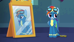 Size: 954x538 | Tagged: safe, derpibooru import, screencap, rainbow dash, pegasus, pony, newbie dash, discovery family logo, double rainbow, goggles, mirror, wonderbolts uniform